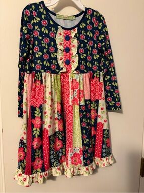 Navy & Pink Floral Patchwork Ruffle Dress - Kids